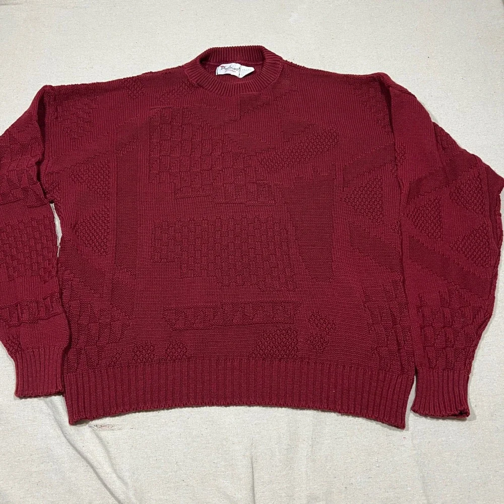 Parker of Vienna Mens‎ Burgundy Sweater Textured Geometric Crewneck Large